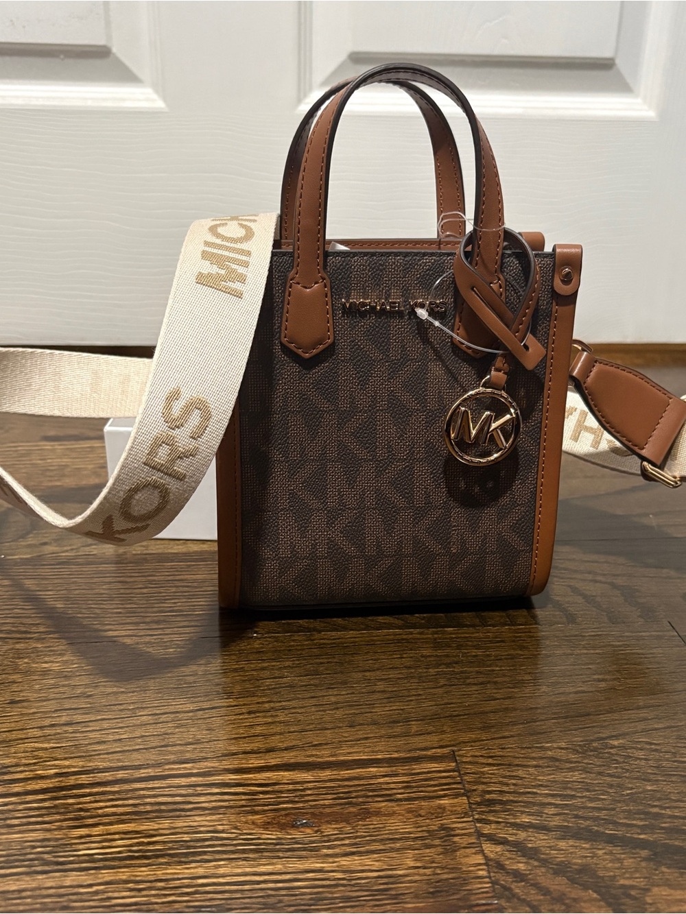 Michael Kors Brown Signature Mini Tote with Tan Trim and Cream Logo Strap